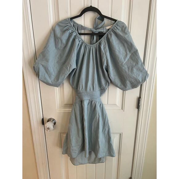 Anthropologie Love the Label Puff-Sleeved Mini Dress Chambray Tie Back SZ S NWT - Picture 3 of 6